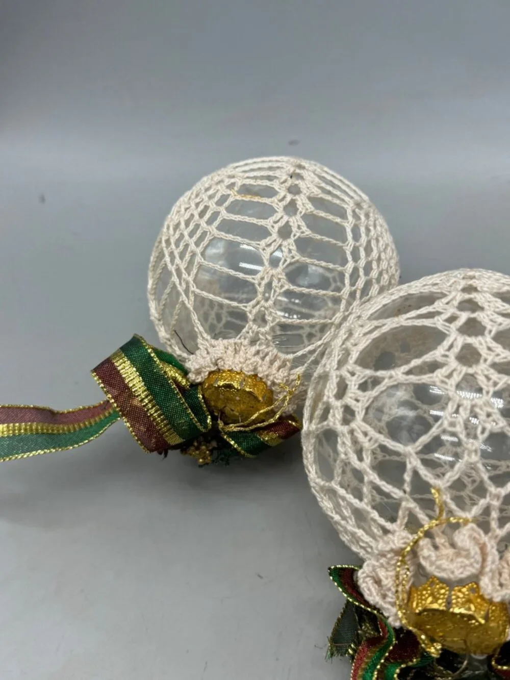 handmade Christmas bulbs ornaments set of 2 ribbon doily lace pine cones READ